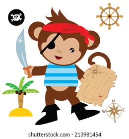 Cute monkey pirate vector illustration