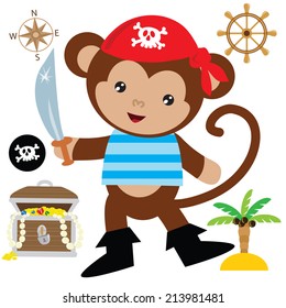 Cute monkey pirate vector illustration