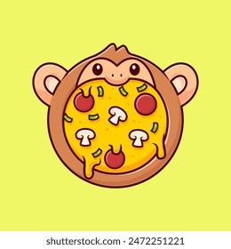 Cute Monkey Pizza Cartoon Vector Icon Illustration. Animal Food Icon Concept Isolated Premium Vector. Flat Cartoon Style
