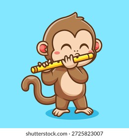 Mono lindo jugando flauta de bambú ilustración de Vector de dibujos animados. Vector de Premium aislado del concepto del icono de la música animal. Estilo plano de la historieta