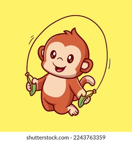 Cute Monkey Playing Banana Jump Rope Cartoon Vector Icon Illustration. Animal Sport Icon Concept Isolated Premium Vector. Flat Cartoon Style