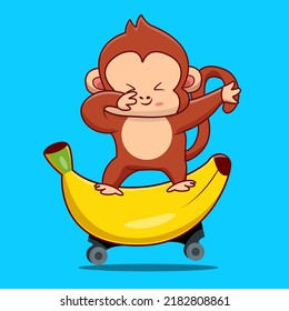 Cute monkey playing banana skateboard isolated cartoon animal nature illustration flat style suitable for sticker icon design premium logo vector mascot character.