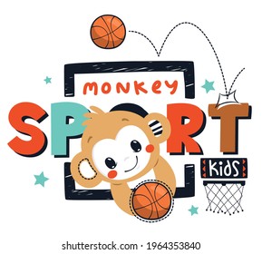 Cute monkey playing basketball isolated on white background illustration vector, Graphic t-shirt for kids.