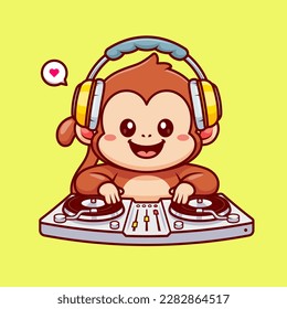 Cute Monkey Playing Dj Electronic Music With Headphone Cartoon Vector Icon Illustration. Animal Music Icon Concept Isolated Premium Vector. Flat Cartoon Style