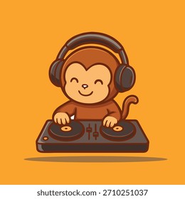 Mono lindo jugando dj música electrónica con Ilustración vectorial de dibujos animados de auriculares