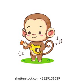 Cute monkey playing guitar cartoon character. Adorable animal mascot concept design. Isolated white background. Flat Vector illustration