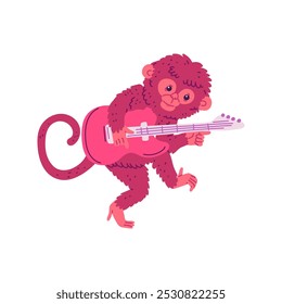 Mono lindo tocando la guitarra y bailando. Actuación de música de chimpancé de dibujos animados. Vector divertido animal salvaje personaje músico espectáculo de entretenimiento aislado sobre fondo blanco