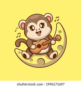 Cute monkey playing guitar on the moon