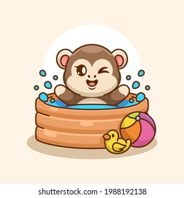 Cute monkey playing in an inflatable pool