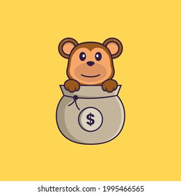 Cute monkey playing in money bag. Animal cartoon concept isolated. Can used for t-shirt, greeting card, invitation card or mascot.