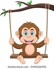 Cute monkey playing on swing cartoon