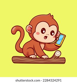 Cute Monkey Playing Phone On Tree Cartoon Vector Icon Illustration. Animal Technology Icon Concept Isolated Premium Vector. Flat Cartoon Style