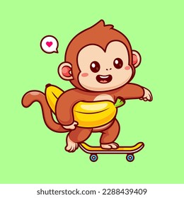 Cute Monkey Playing Skateboard With Banana Cartoon Vector Icon Illustration. Animal Sport Icon Concept Isolated Premium Vector. Flat Cartoon Style