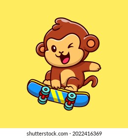 Cute Monkey Playing Skateboard Cartoon Vector Icon Illustration. Animal Sport Icon Concept Isolated Premium Vector. Flat Cartoon Style