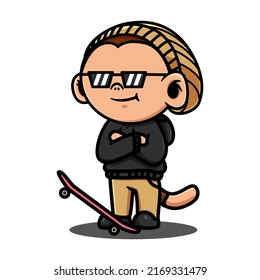 Cute Monkey Playing Skateboard Cartoon Vector Icon Illustration. Animal Sport Icon Concept Isolated Premium Vector. Flat Cartoon Style