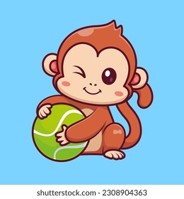 Cute Monkey Playing Softball Cartoon Vector Icon Illustration. Animal Sport Icon Concept Isolated Premium Vector. Flat Cartoon Style