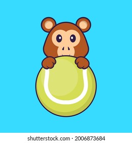 Cute monkey playing tennis. Animal cartoon concept isolated. Can used for t-shirt, greeting card, invitation card or mascot.