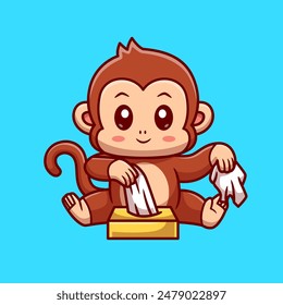 Cute Monkey Playing Tissue Cartoon Vector Icon Illustration. Animal Nature Icon Concept Isolated Premium Vector. Flat Cartoon Style