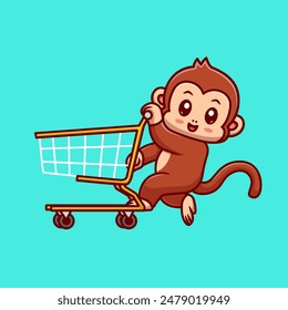 Cute Monkey Playing Trolley Cartoon Vector Icon Illustration. Animal Holiday Icon Concept Isolated Premium Vector. Flat Cartoon Style