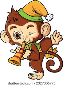 Cute monkey playing the trumpet of illustration