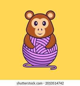 Cute monkey playing with wool yarn. Animal cartoon concept isolated. Can used for t-shirt, greeting card, invitation card or mascot.