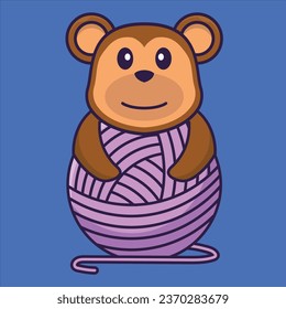 Cute monkey playing with wool yarn. Animal cartoon concept isolated. Can used for t-shirt- greeting card- invitation card or mascot.