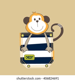 cute monkey in the pocket, T-shirt design for kids vector illustration