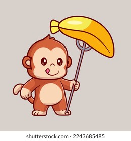 Cute Monkey Poke Banana With Fork Cartoon Vector Icon Illustration. Animal Food Icon Concept Isolated Premium Vector. Flat Cartoon Style