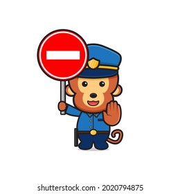 Cute monkey police holding stop sign cartoon icon illustration. Design isolated flat cartoons style