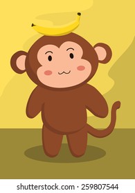 A cute monkey pose with banana on its head.