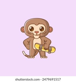a Cute monkey pose Playing Skateboard animal kawaii chibi character mascot illustration outline style