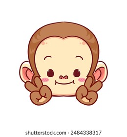 Cute Monkey Poses Peace Hand Sign Gesture Cartoon Character. Adorable and Kawaii Animal Icon Mascot Concept Design. Logo Vector Illustration. Isolated White Background.