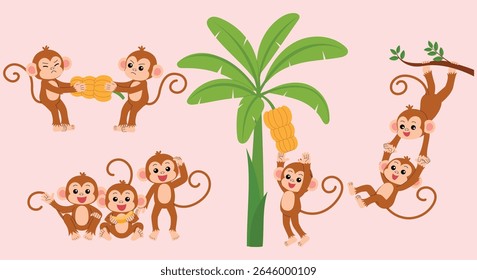 cute monkey pull back and forth with friend, group of playful monkey character, picking up banana from tree, playful monkey holding branch with feet and play with friend illustration