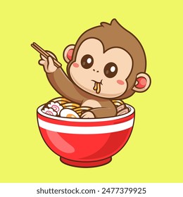 Netter Affe in Ramen Nudel mit Stäbchen Cartoon Vektorgrafik Icon Illustration. Animal Food Icon Concept Isolated Premium Vektorgrafik. Flacher Zeichentrickstil