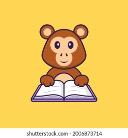 Cute monkey reading a book. Animal cartoon concept isolated. Can used for t-shirt, greeting card, invitation card or mascot.