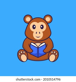 Cute monkey reading a book. Animal cartoon concept isolated. Can used for t-shirt, greeting card, invitation card or mascot.