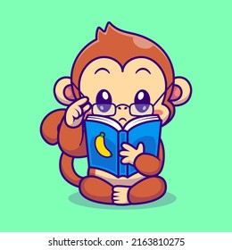 Cute Monkey Reading Book Banana With Glasses Cartoon Vector Icon Illustration. Animal Education Icon Concept Isolated Premium Vector. Flat Cartoon Style