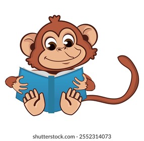 Cute Monkey Reading Book Cartoon Vector Icon Illustration. Animal Education Icon Concept Isolated.