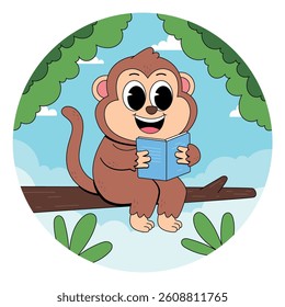 Cute monkey reading book cartoon