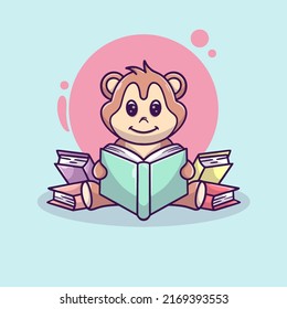 cute monkey reading book illustration