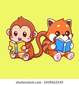 Cute Monkey And Red Panda Reading Book Cartoon Vector Icon Illustration. Animal Education Icon Concept Isolated Premium Vector. Flat Cartoon Style