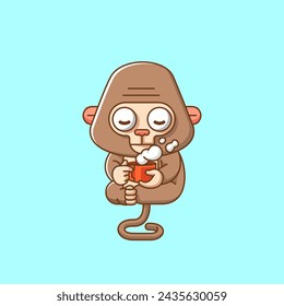 Cute monkey relax with a cup of coffee cartoon animal character mascot icon flat style illustration concept set