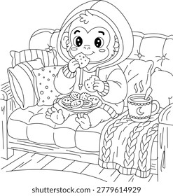  Cute monkey relaxing on sofa in cozy room coloring page illustration style.