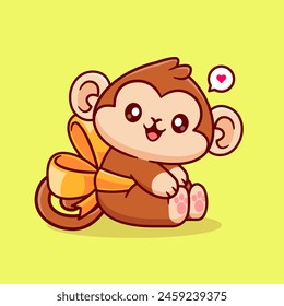 Cute Monkey With Ribbon Cartoon Vector Icon Illustration. Animal Nature Icon Concept Isolated Premium Vector. Flat Cartoon Style