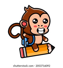 cute monkey ride flying pencil icon illustration vector graphic