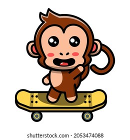cute monkey ride a skateboard icon illustration vector graphic
