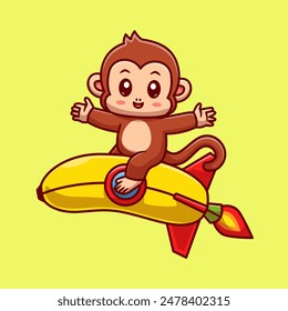 Mono lindo montando banana cohete de dibujos animados Vector de ilustración. Concepto de icono de fruta animal Vector de Premium aislado. Estilo plano de dibujos animados
