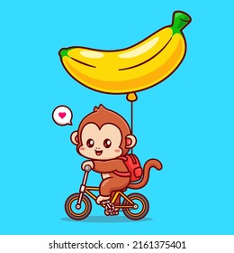 Cute Monkey Riding Bicycle With Banana Balloon Cartoon Vector Icon Illustration. Animal Transportation Icon Concept Isolated Premium Vector. Flat Cartoon Style