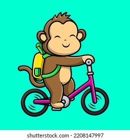 Cute Monkey Riding Bicycle With Banana Bag Cartoon Vector Icons Illustration. Flat Cartoon Concept. Suitable for any creative project.
