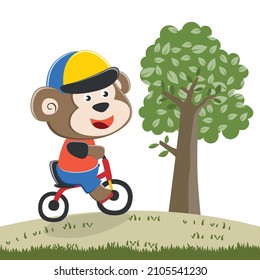 Cute monkey riding a red bicycle. Trendy children graphic. Vector illustration. T-Shirt Design for children. Design elements for kids.
